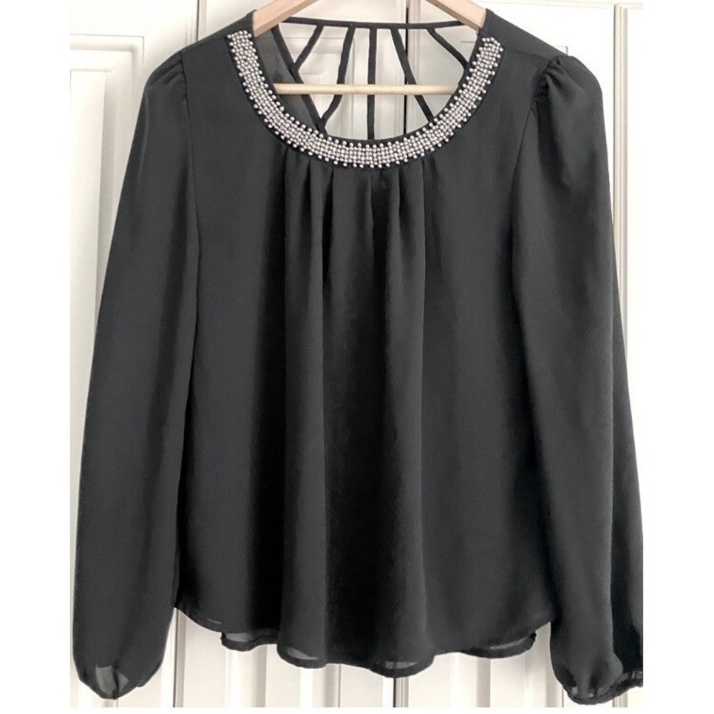 Whimsy Goth Black Long-Sleeved Blouse‎ Jeweled Neckline Size S Blue Pepper Flowy